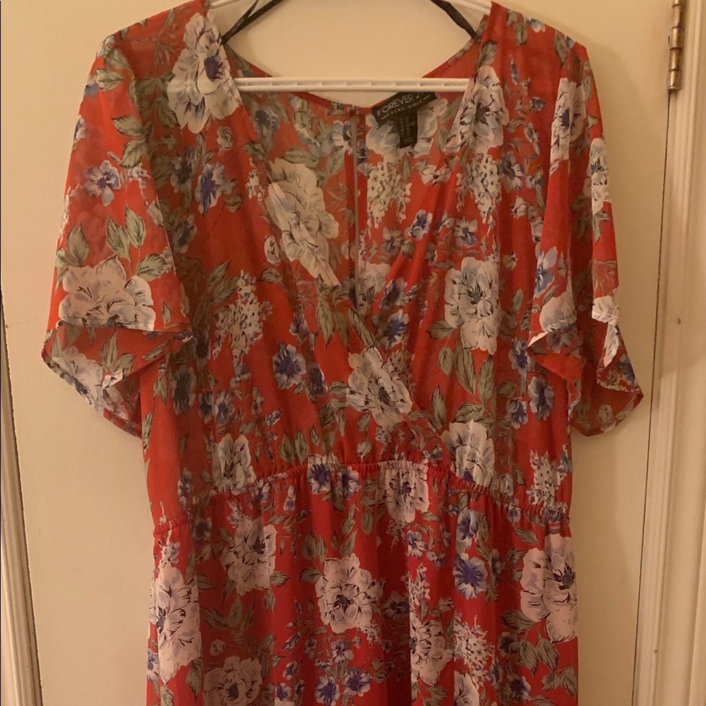 Forever 21 Red Floral Wrap Midi Dress